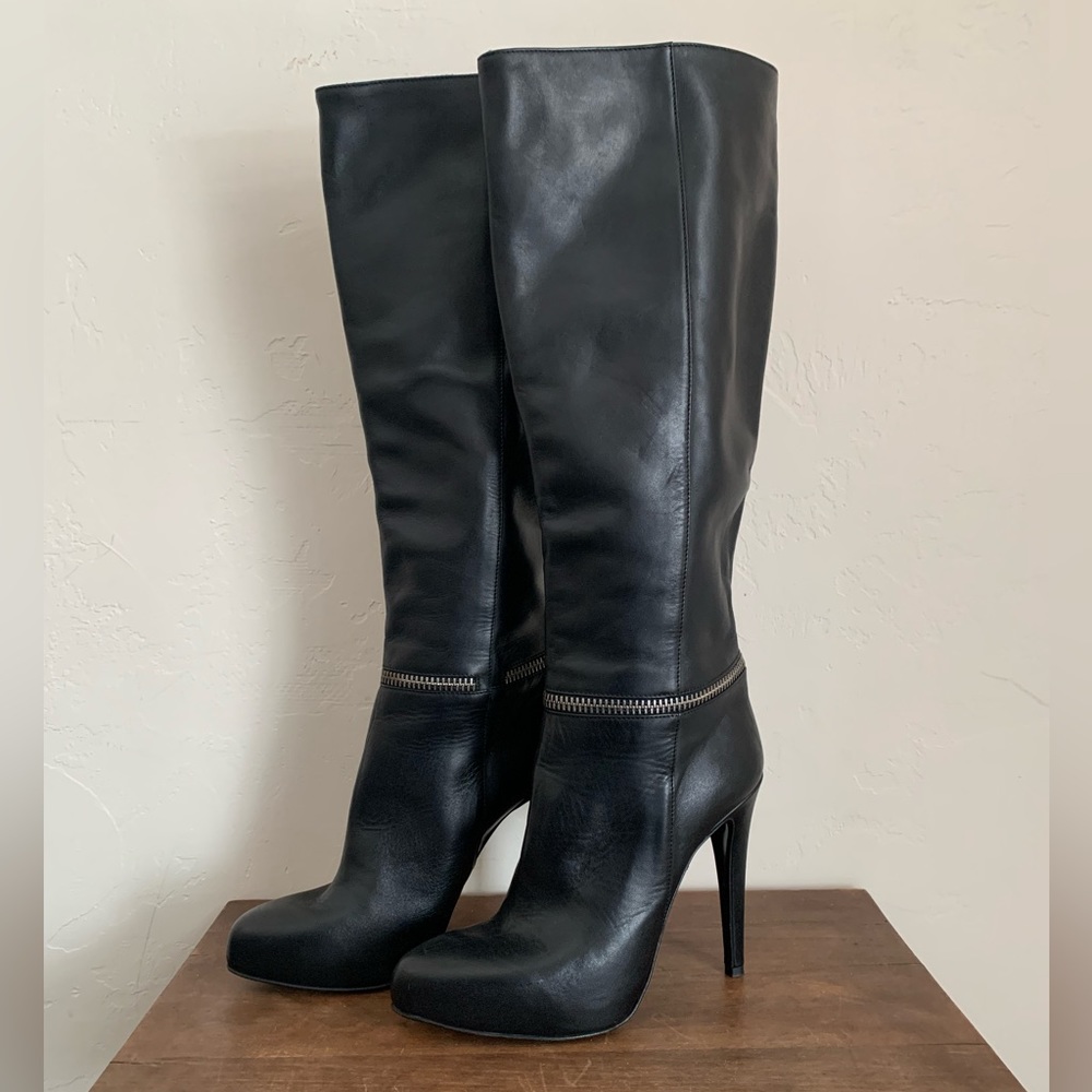 All Saints Karis Leather Knee High Boots 4.5” Heel sz 39 / 8